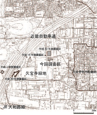 図：久宝寺緑地内の調査区と今回調査位置図