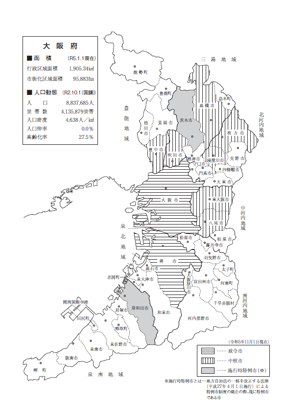 大阪府行政地図（政令市、中核市、施行時特例市の状況）