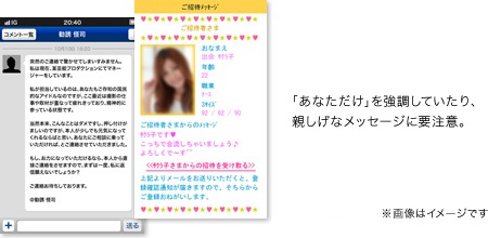 「あなただけ」を強調しているなど、親し気なメッセージの画面イメージ