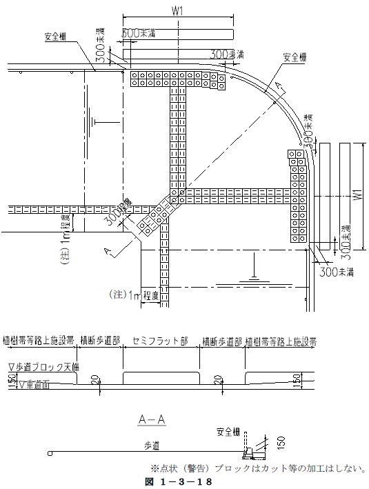 交差点での交差点部（歩道幅員が広い場合）の視覚障害者誘導用ブロックの布設方法（参考図）