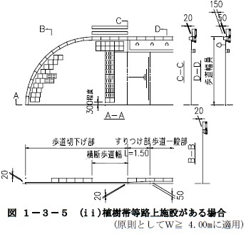 横断歩道があり植樹帯等路上施設がある場合の歩道切上げ方法（セラミック形式の場合）