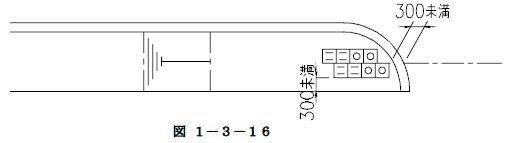 交差点で車道縦断方向の視覚障害者誘導用ブロックの車道縦断方向の設置例（歩道幅員が狭い場合）