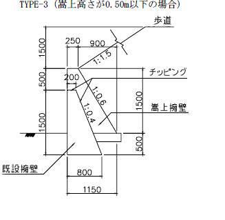 擁壁背面が勾配1:1.5の盛土の場合の構造図（嵩上高さが0.50m以下の場合）