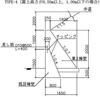 擁壁背面が勾配1:1.5の盛土の場合の嵩上擁壁構造図（嵩上高さが0.50m以上,1.00m以下の場合）