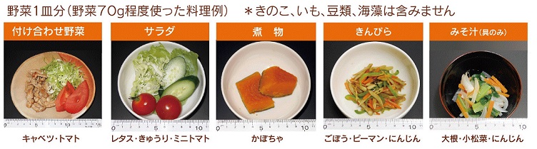 野菜1皿分料理例（付け合わせ野菜、サラダ、煮物、きんぴら、みそ汁）の画像