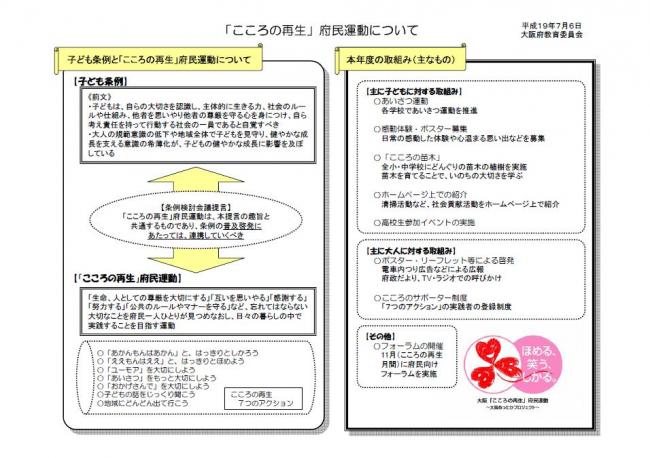 子ども条例と「こころの再生」府民運動についてと「こころの再生」府民運動の平成19年度の取組みを示しています