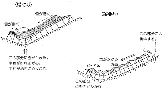 画像です。降雪時のビニールハウスへの力のかかり方（横張りの場合）