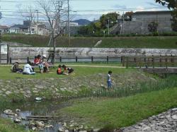 広場でお弁当広げる様子