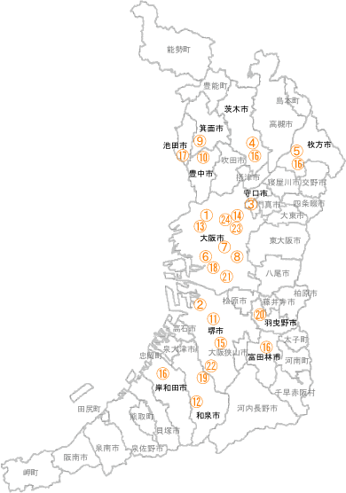 大阪府の各施設の地図