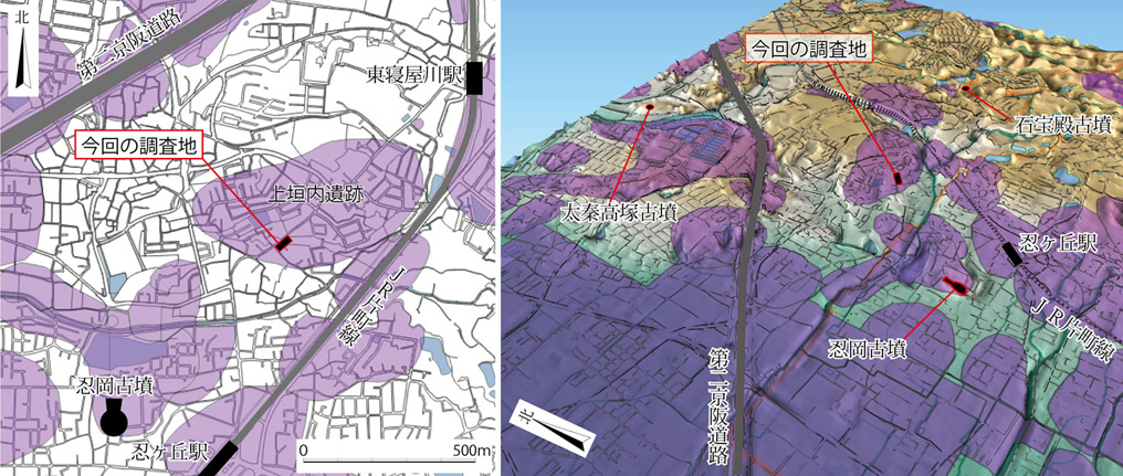 上垣内遺跡の位置を示した図（左）と遺跡周辺の地形を示した図（右）