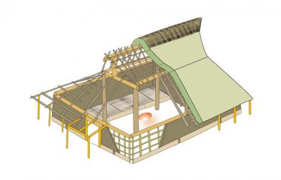 【図】つちかべをもつ竪穴住居の復原よそう図