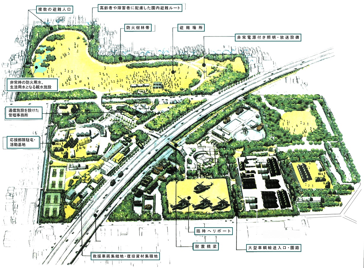 避難広場や臨時ヘリポート、非常時の生活用水となる親水施設、非常電源付きの照明や放送施設を整備し、迅速に避難ができるよう入口を改修しています。また、防火樹林帯を形成して、災害時に備えています。