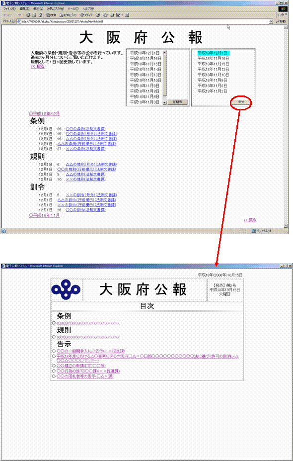 「号外」ボタンをクリックすると、日別目次が表示されます。