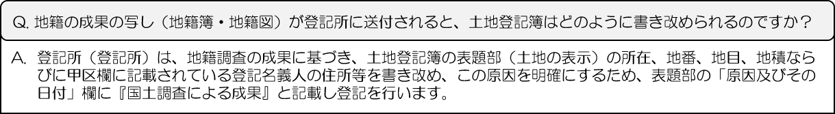 Q.地籍の成果の写し（地籍簿・地籍図）が登記所に送付されると、土地登記簿はどのように書き改められるのですか？A.登記所（登記所）は、地籍調査の成果に基づき、土地登記簿の表題部（土地の表示）の所在、地番、地目、地積ならびに甲区欄に記載されている登記名義人の住所等を書き改め、この原因を明確にするため、表題部の「原因及びその日付」欄に『国土調査による成果』と記載し登記を行います。