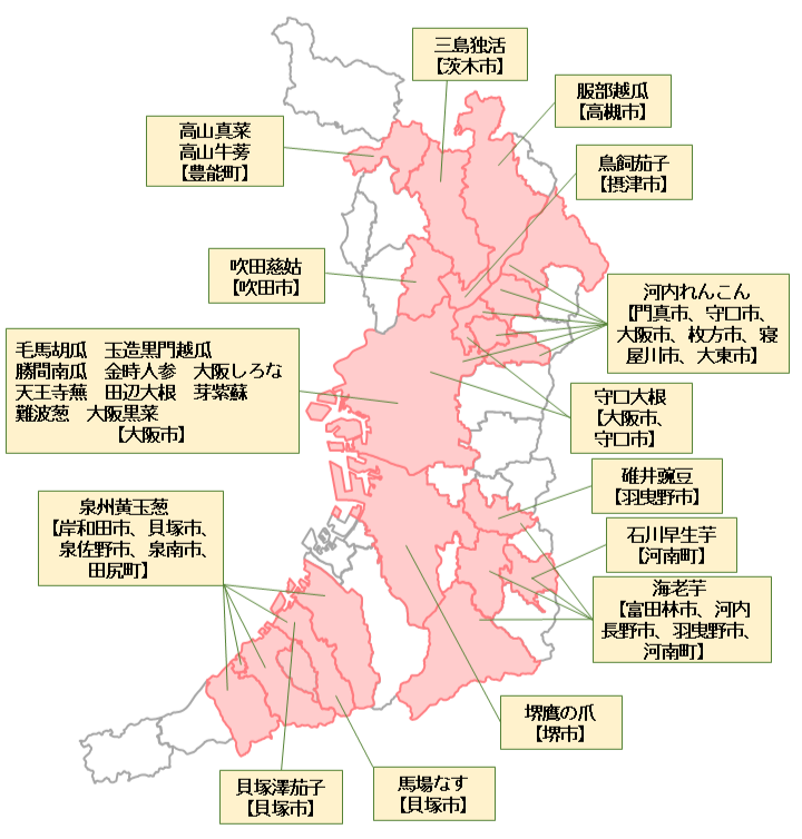 なにわの伝統野菜原産地地図