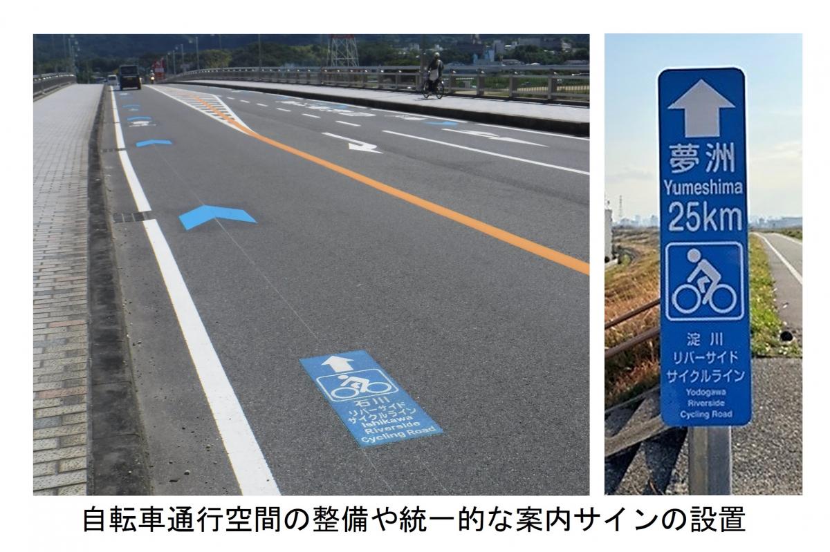 自転車通行空間の整備や統一的な案内サインの設置例