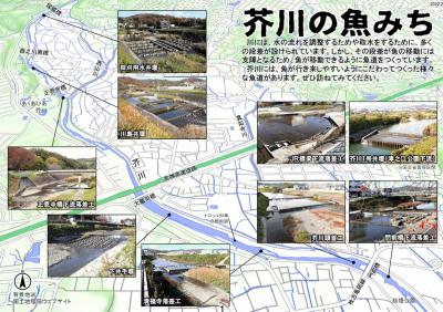 川には、水の流れを調整するためや取水をするために、多くの段差が設けられています。しかし、その段差が魚の移動には支障となるため、魚が移動できるように魚道をつくっています。