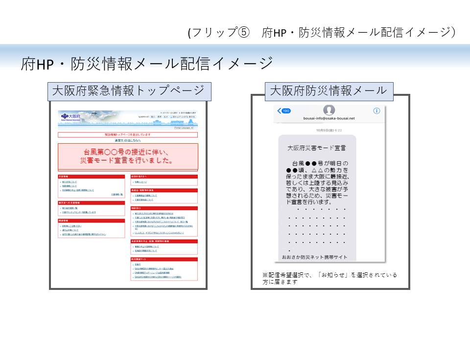 フリップ5 府HP・防災情報メール配信のイメージイラスト