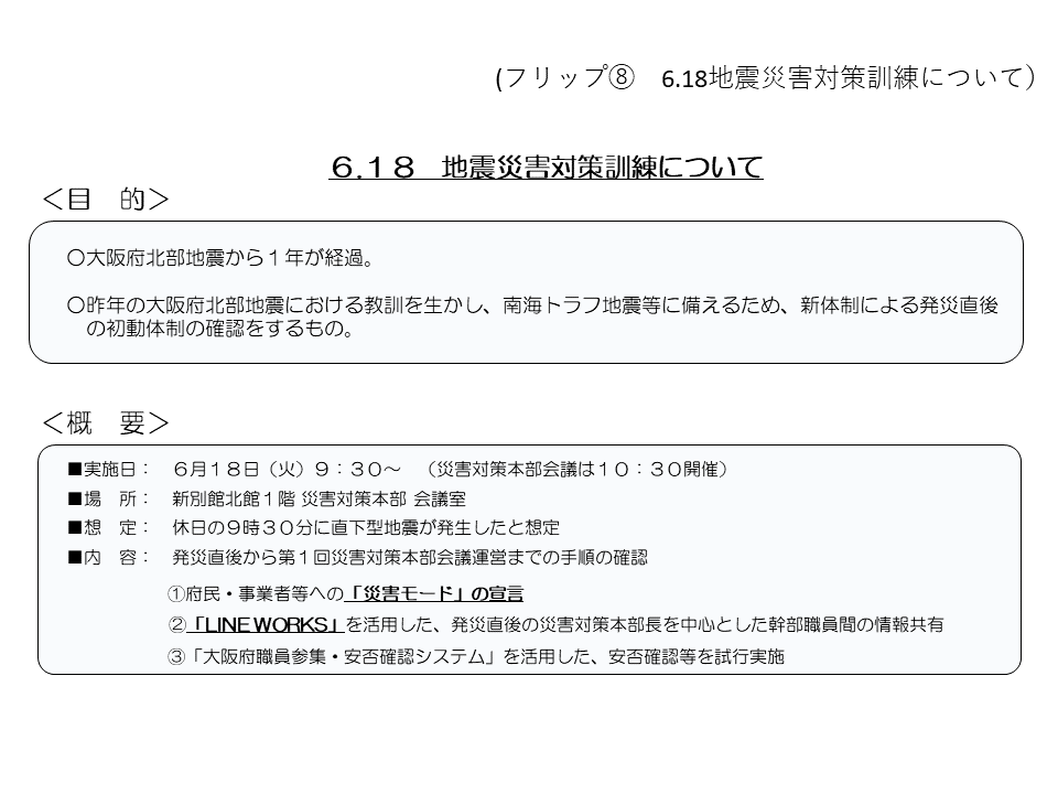 フリップ8 6.18地震災害対策訓練について目的・概要等