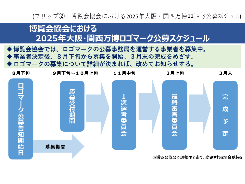 フリップ2　博覧会協会における2025年大阪・関西万博ロゴマーク公募スケジュールについて