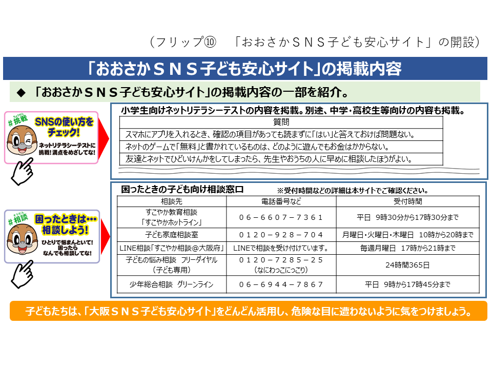 フリップ10「おおさかSNS子ども安心サイト」の掲載内容