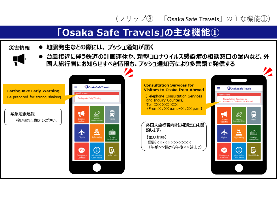 フリップ3「Osaka Safe Travels」の主な機能(1)