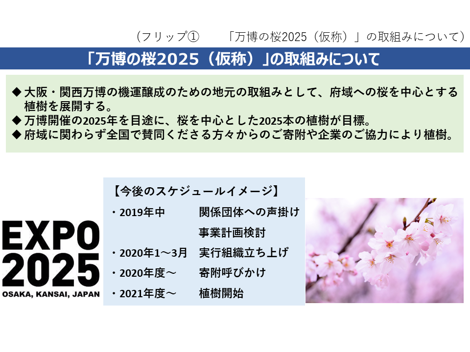 フリップ1「万博の桜2025（仮称）」の取組みについて