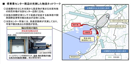 堺泉北港の堺青果センターにおける輸出環境の強化として、コールドチェーン確保のための施設整備を行います。