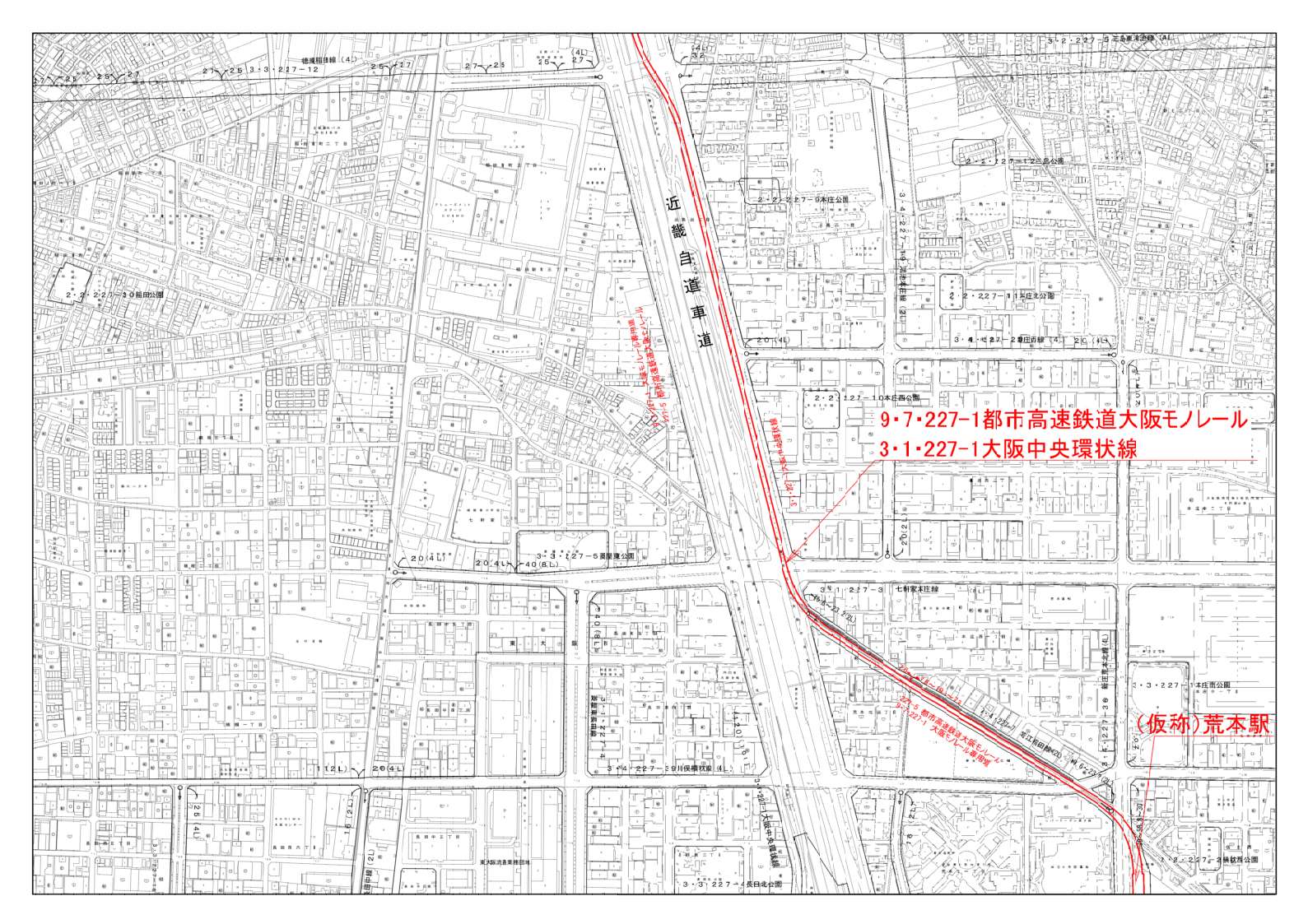 東大阪市域の縮尺が2500分の1の計画図を4分割した内の北から2枚目です。