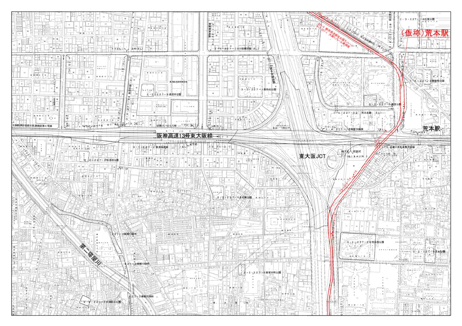 東大阪市域の縮尺が2500分の1の計画図を4分割した内の北から3枚目です。