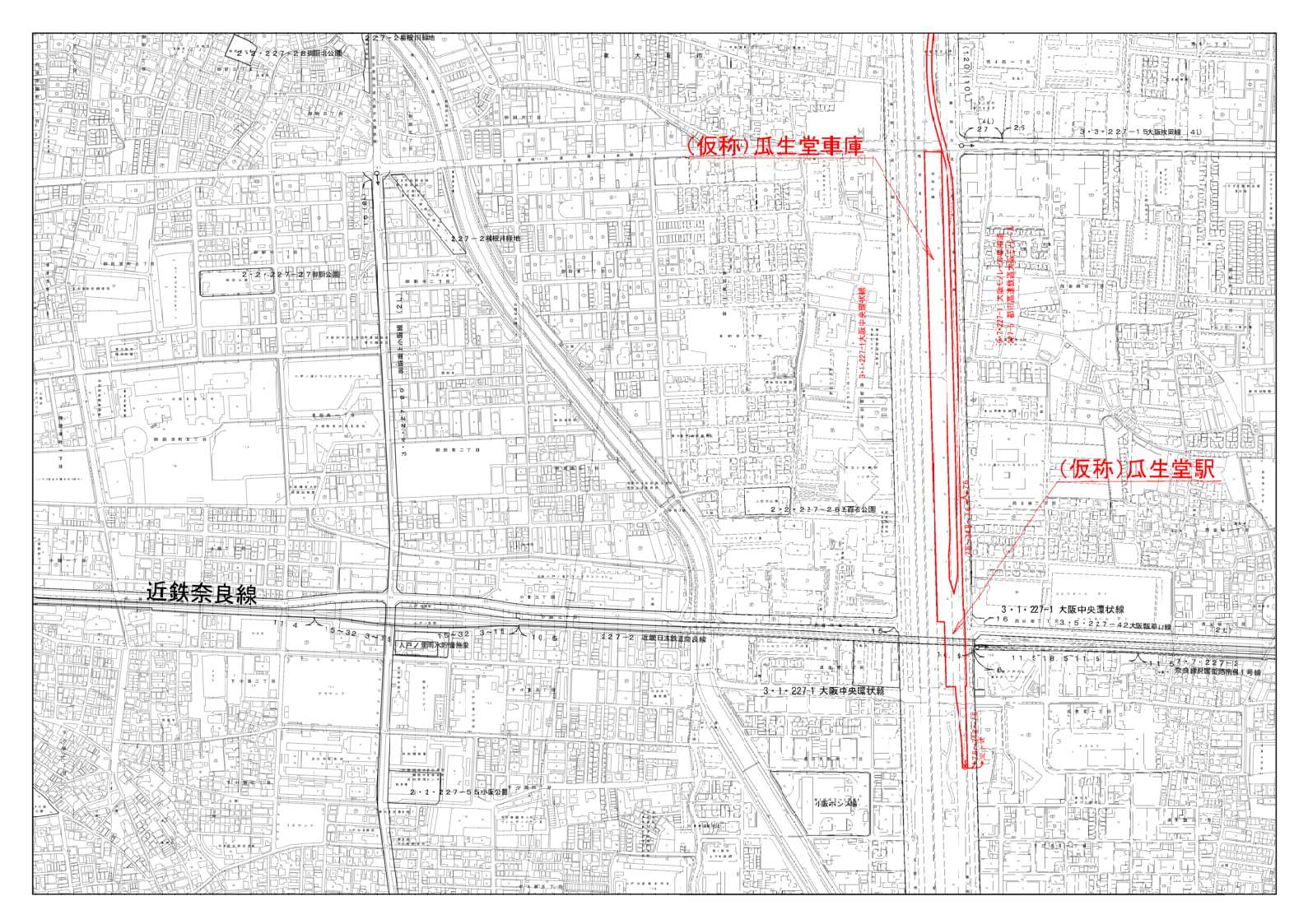 東大阪市域の縮尺が2500分の1の計画図を4分割した内の北から4枚目です。