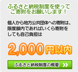 ふるさと納税制度を使ってご寄附をお願いします！個人から地方公共団体への寄附は、限度額内であればいくら寄附をしても自己負担は5千円以内