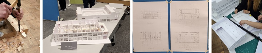 生徒が作った図面や模型の写真