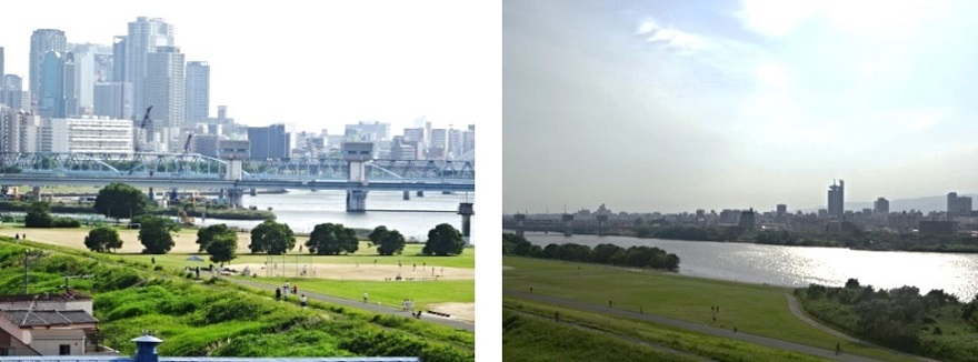 淀川河川敷にある野球場とサッカー場の写真