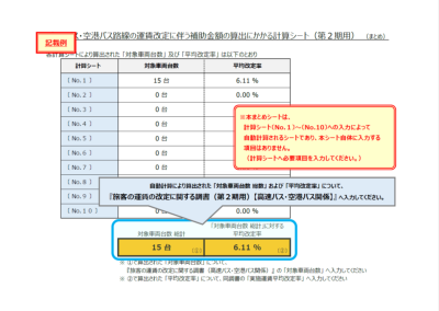 運賃改定に伴う補助金額の算出にかかる計算シート（第2期用）・記載例1