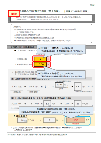 旅客の運賃の改定に関する調書（高速バス・空港バス関係）記載例