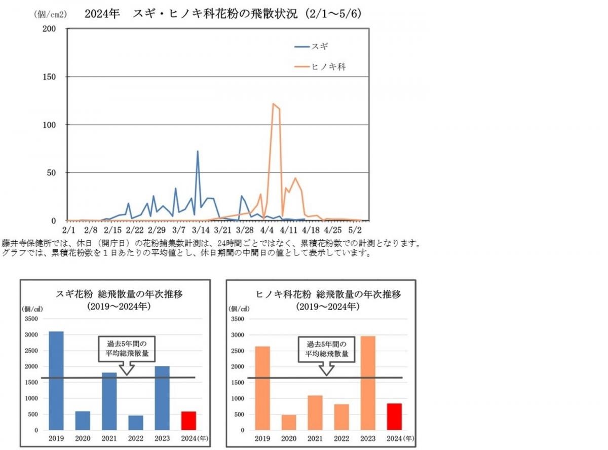 2024年スギ・ヒノキ科花粉の飛散状況及び総飛散量の年次推移