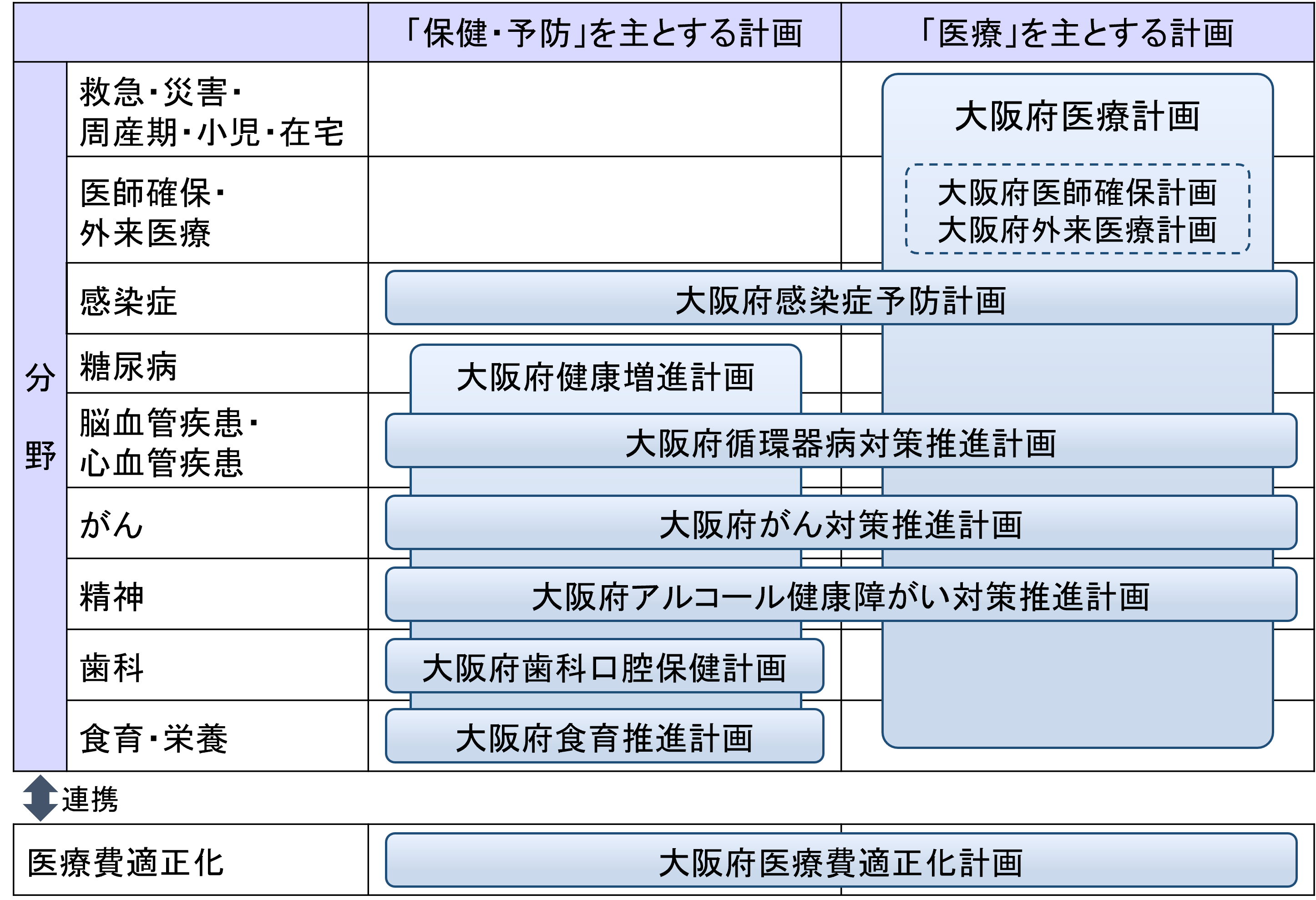 医療、感染症予防、健康増進、循環器病対策推進、アルコール健康障がい対策推進、歯科口腔保健、食育推進、医療費適正化計画