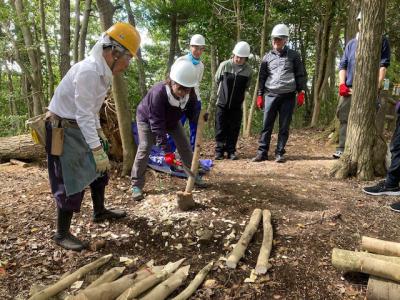 枯木の伐採作業の説明を受ける様子の画像