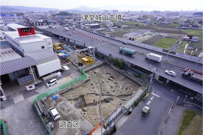 調査区と津堂城山古墳を北から撮影した全景写真