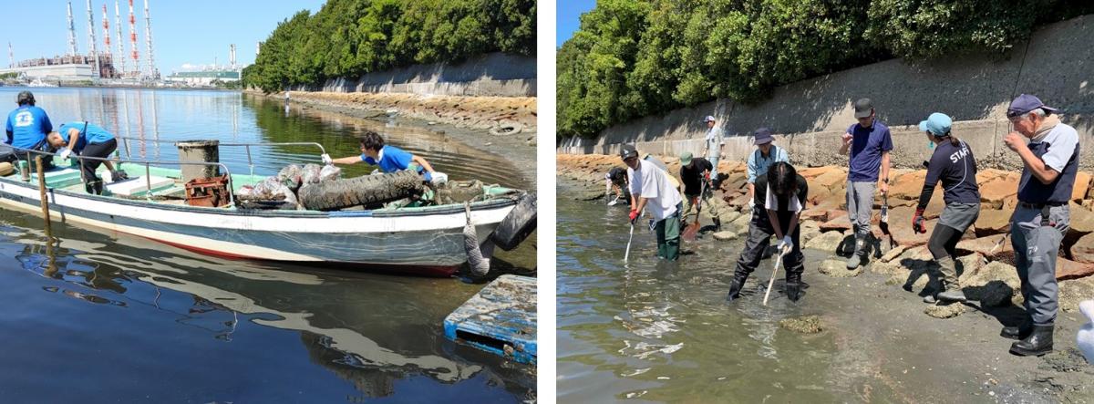 海岸漂着ごみの清掃、干潟の耕耘の様子